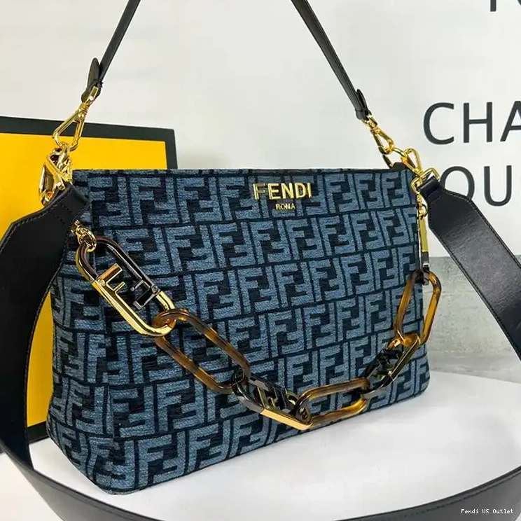Vintage HOT In Zip Fendi FF Blue Tapestry Shoulder O'Lock Bag Fabric 0609